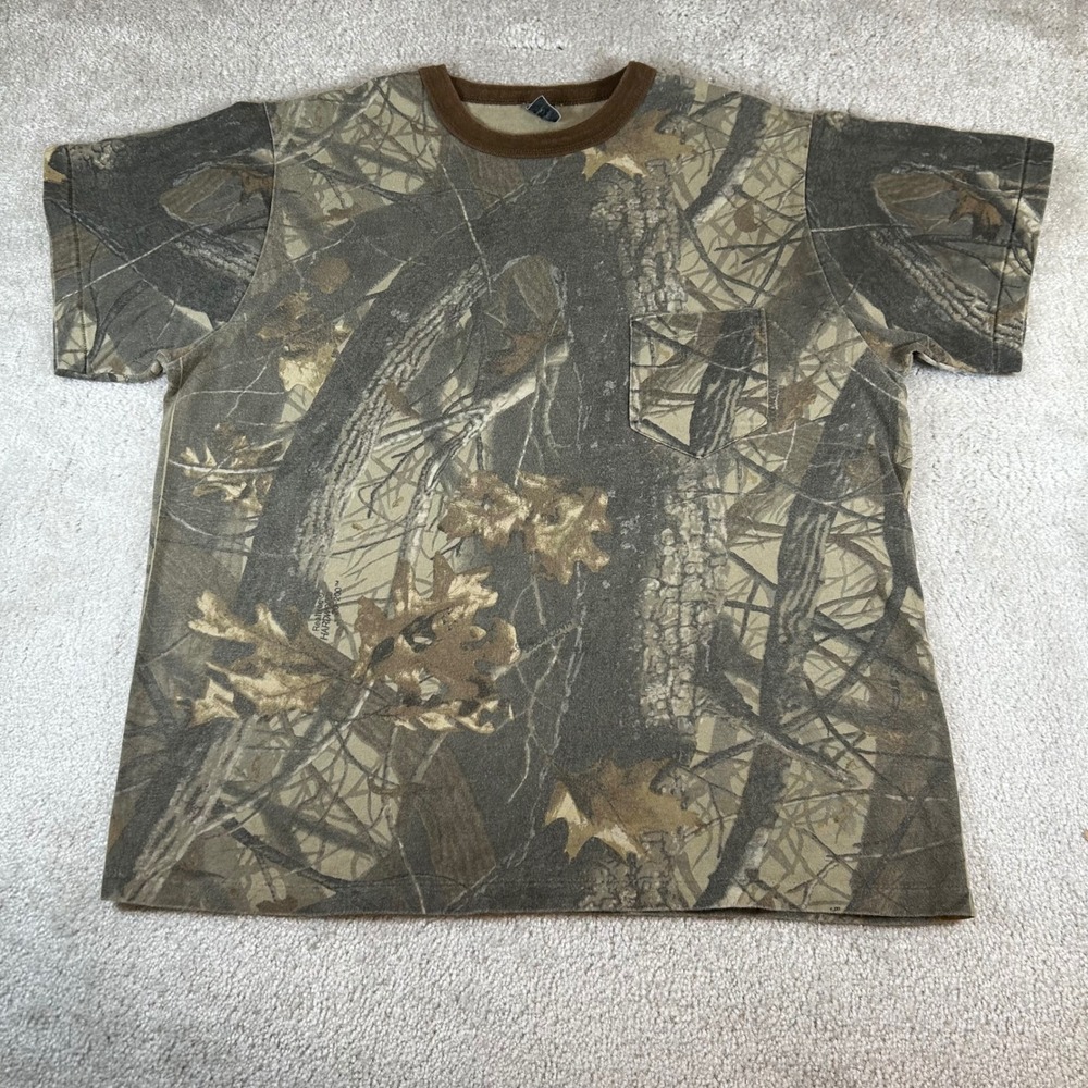 RealTree Hardwoods Camo T-Shirt Mens XL Brown Ringer Pocket Single Stitch 90s